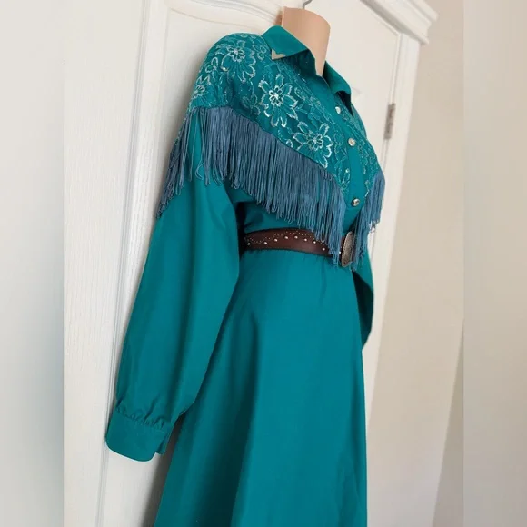 VTG 80s Lilia Guilty Smitty Smith Teal Green Fringed Western Cowgirl Maxi Dress - Picture 4 of 13